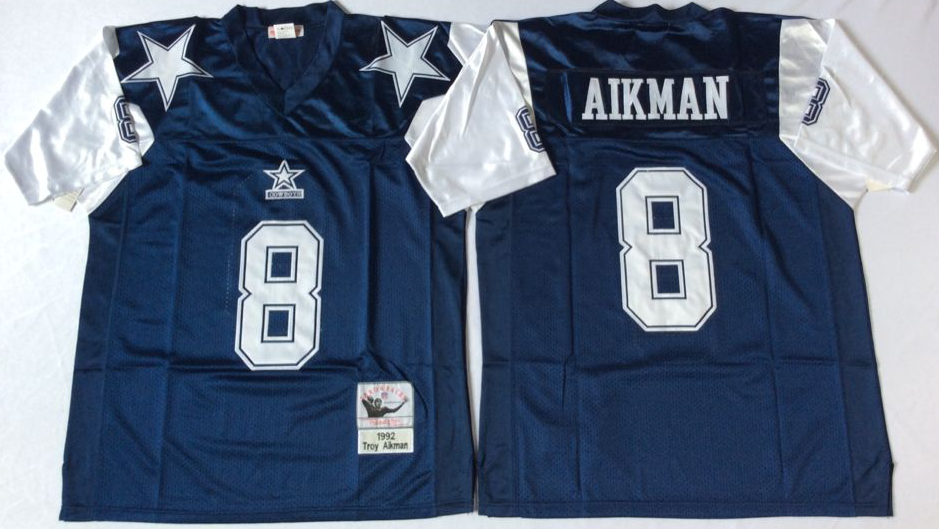 Men NFL Dallas Cowboys #8 Aikman blue Mitchell Ness jerseys